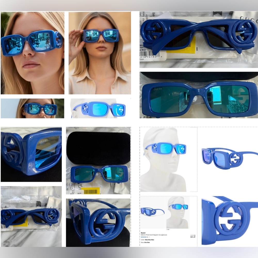 GUCCI SUNGLASSES STRIKING BLUE RECTANGULAR SUNGLASSES WITH BLUE MIRROR LENSES - Picture 13 of 16